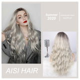 perruque pour blonde 2 tons - HAIR Long Wavy Ombre Blonde Wig Platinum Synthetic Wigs