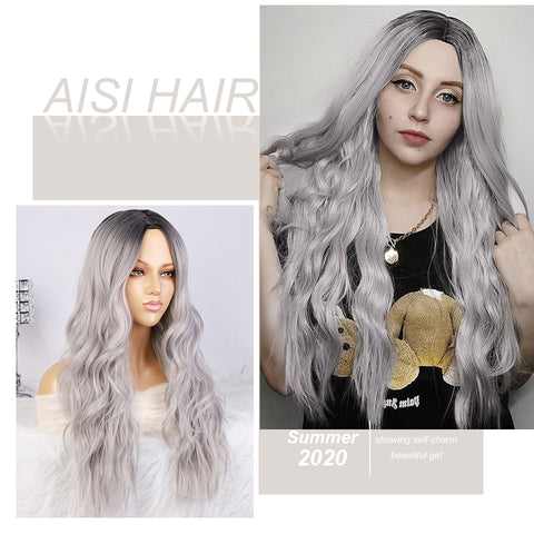 perruque pour blonde 2 tons - HAIR Long Wavy Ombre Blonde Wig Platinum Synthetic Wigs